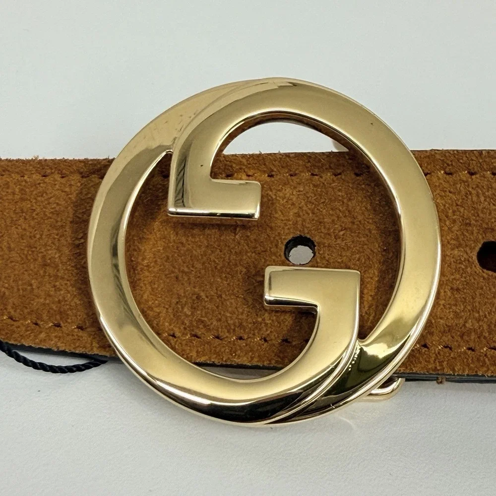 Gucci Suede Blondie Belt Cognac NWT GG Gold Interlocking Buckle Size 100